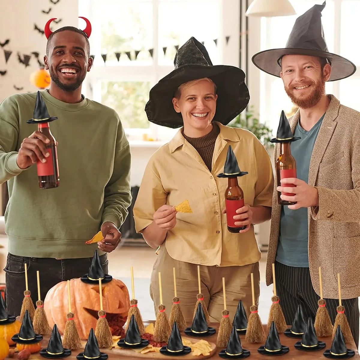 100-Piece Mini Witch Hat & Broom Set – Halloween Miniature