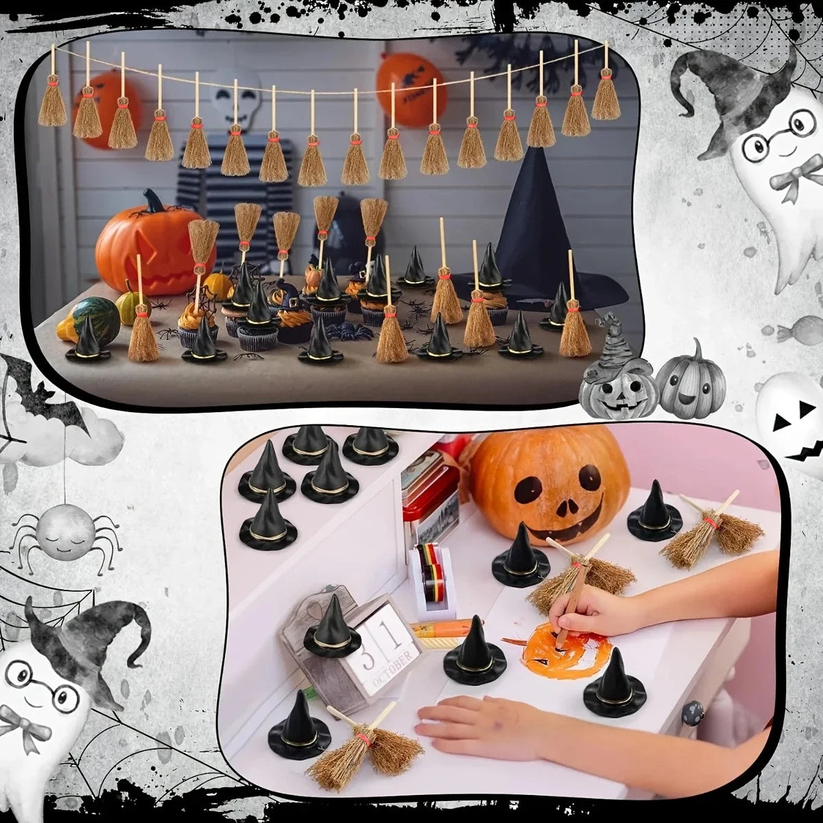 100-Piece Mini Witch Hat & Broom Set – Halloween Miniature