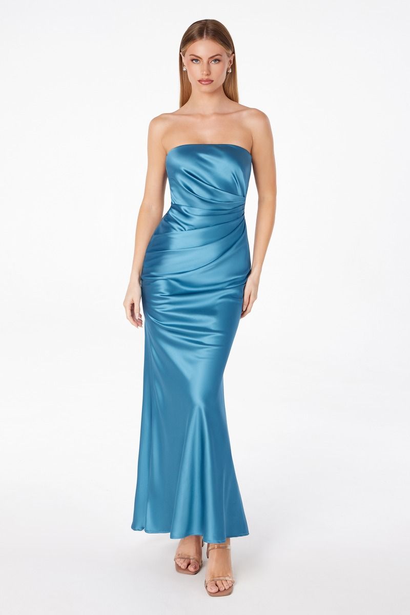 Strapless Ruched Blue Satin Mermaid Formal Evening Gown CDT2006